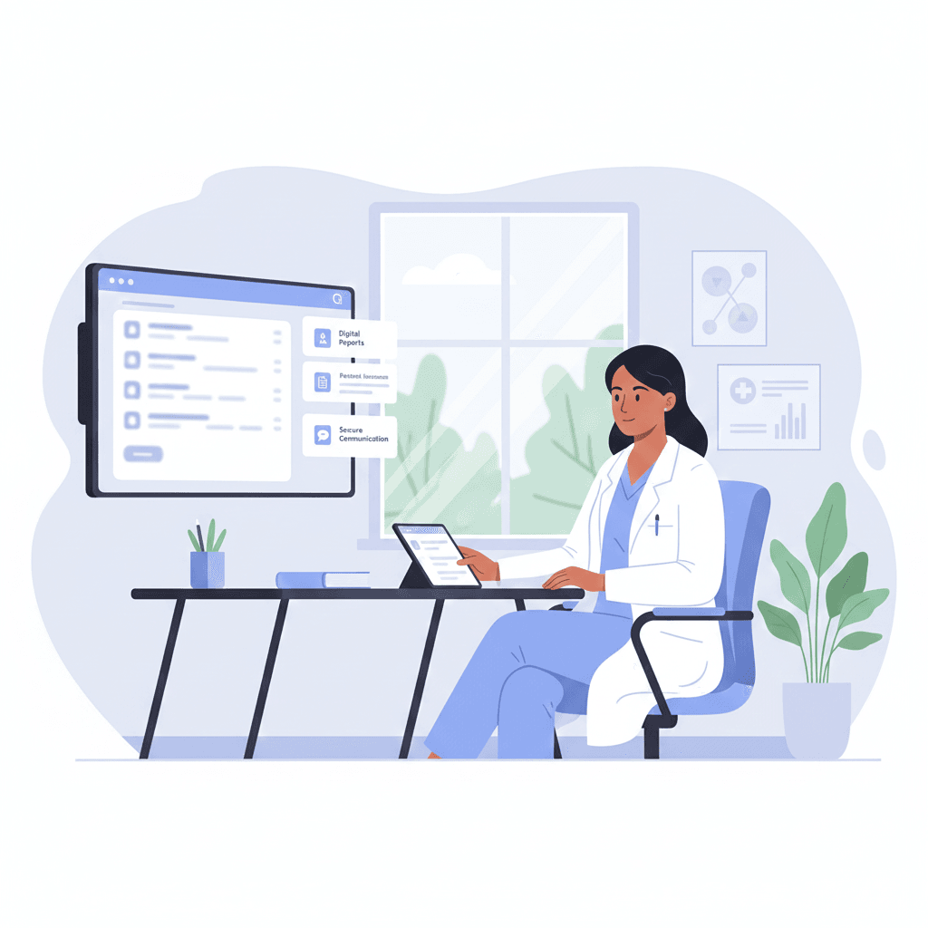 Female doctor reviewing patient records and treatment plans on digital platform