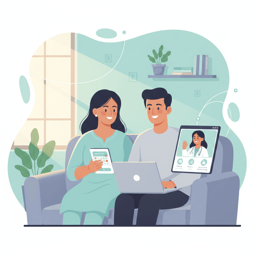 Couple consulting with healthcare provider for IVF treatment planning through telemedicine